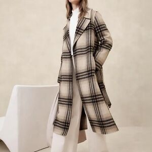 Banana Republic Double Face Wool Blend Tie Waist Wrap Coat White Plaid XL